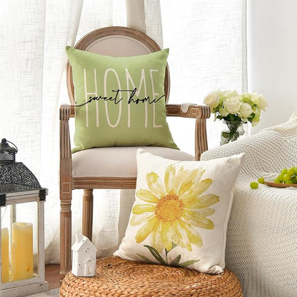 AVOIN colorlife Home Sweet Home Spring Summer Flowers Green Throw Pillow Covers, 18 x 18 Inch Cushion Case for Sofa Couch Set of 4
