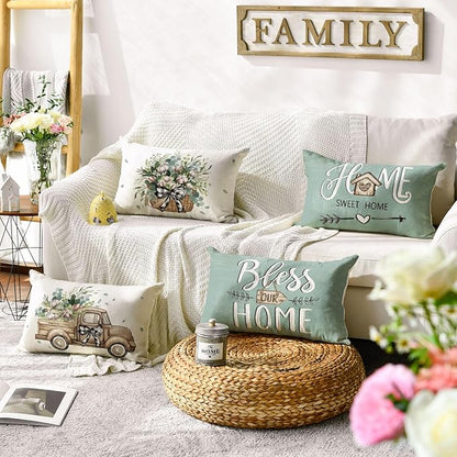 AVOIN colorlife Bless Our Home Farmhouse Eucalyptus Leaves Throw Pillow Covers, 12 x 20 Inch Blue Truck Home Sweet Cushion Case Decorations Set of 4