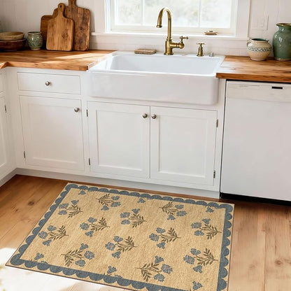 Floral Outdoor Rug - 28" x 43" Front Door Mat Indoor Outside Entrance Non-Slip Washable Outdoor Mat Jute-Look Blue Scalloped Rug for Entryway Kitchen Mudroom Layered Doormat for Front Porch