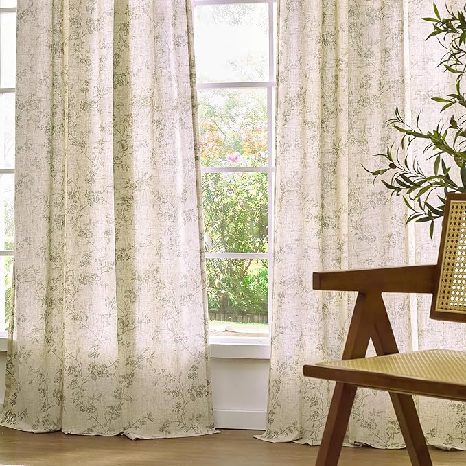 Lazzzy Farmhouse Linen Curtains Green Floral Curtains 96 Inch Length Back Tab Drapes for Living Room Bedroom Light Filtering Country Vintage Rod Pocket Curtain, 2 Panels, Green on Beige