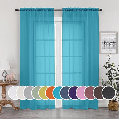 OWENIE Sheer Curtain 90 Inches Long 2 Panels Set for Living Room Bedroom, Light Filtering Rod Pocket Clear Sheer Curtain 2Pcs, Each 42" W x 90" L, Marine