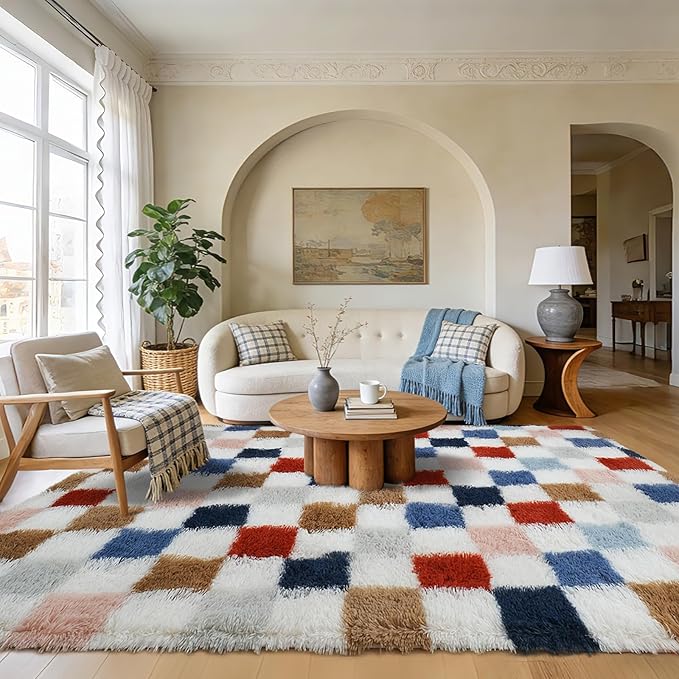 Shag Area Rug for Bedroom Living Room,6x9 Fluffy Soft Colorful Checkered Rug Fuzzy Shaggy Bedroom Carpet,Indoor Plush Floor Rugs for Kids Boys Girls Teen Dorm Nursery Home Decor