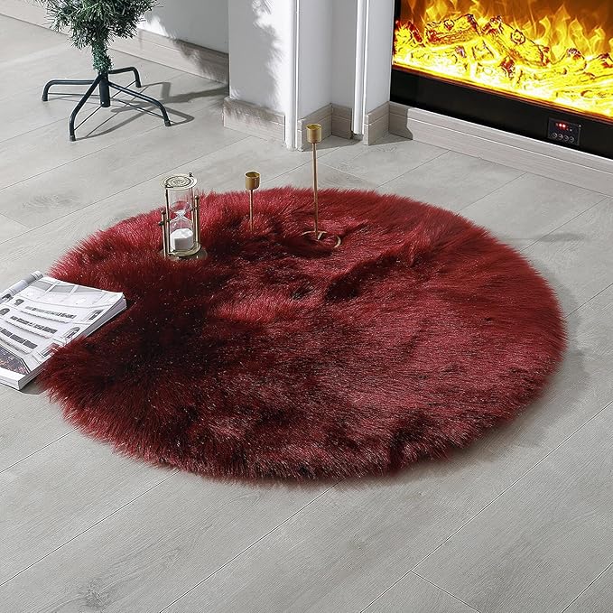 linmopm Faux Fur Rug Sheepskin Shag Fluffy Fuzzy Red 3x3 ft Rugs for Bedroom Bedside Bed Floor Living Room Plush Round High-Density Cushion Carpet Super Sofa Cover
