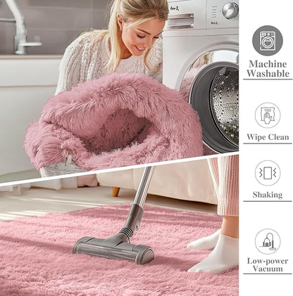 OLANLY 3x5 Machine Washable Small Bedside Rug, Soft Fluffy Shaggy Rugs for Living Room, Bedroom, Indoor Floor Carpet for Kids Girls and Boys, Preppy Dorms, Nursery, Home Decor Aesthetic, Pale Pink