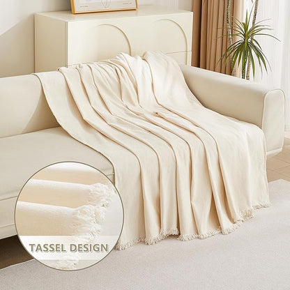 MYSKY HOME Boho Couch Cover Beige Sofa Covers with White Tassel Farmhouse Sofa Slipcover Simple Couch Protector for Dogs Chenille Sectional Couch Covers L Shaped Couch Cushion Covers, 91"x 134"