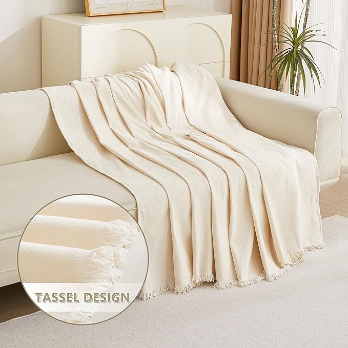MYSKY HOME Couch Cover 3 Cushion Sofa with Tassel, Chenille Sofa Covers Couch Covers, Slipcovers for Sectional l Shaped Dogs Protector Furniture Covers, 91" X150", Beige