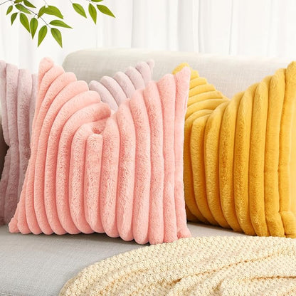 decorUhome Summer Cozy Faux Fur Throw Pillow Covers 16x16 Set of 2 Decorative Plush Striped Modern Farmhouse Boho Couch Pillow Cases with Velvet Back for Sofa Bed Living Room, Blush Pink