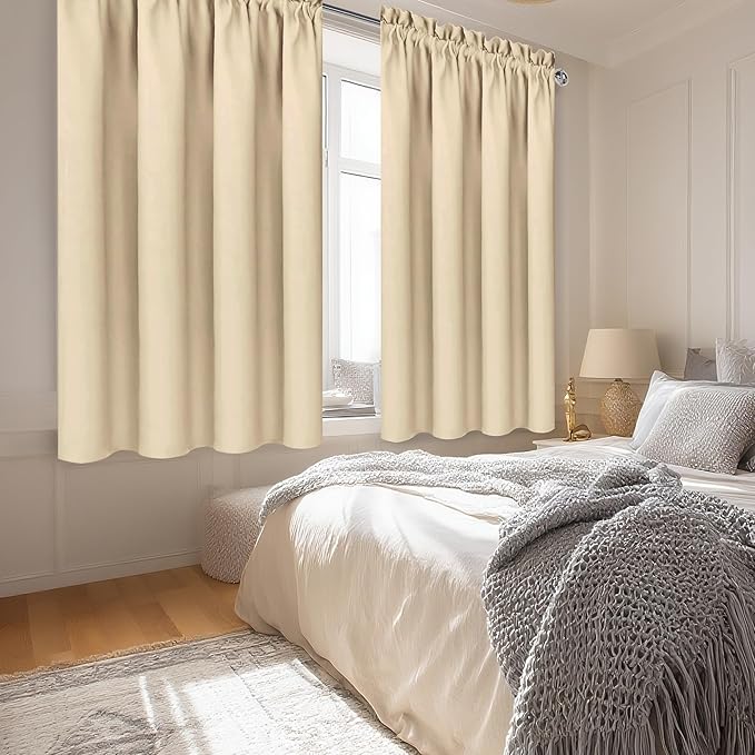 DWCN Blackout Curtains for Living Room Thermal Insulated, Energy Saving & Noise Reducing Bedroom Curtains, Beige, W 70x L 63 Inch, Set of 2 Rod Pocket Curtain Panels