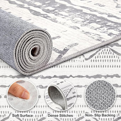 Nakagishi Area Rugs 8x10 Living Room: Washable Boho Large Neutral Soft Farmhouse Rug Stain Resistant Modern Geometric Non Slip Indoor Floor Carpet for Bedroom Nursery Kids Playroom Office- Gray White