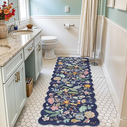 2x6 Hallway Floral Rug Runner: Washable Non Slip Low Pile Area Rug for Kitchen Front Door Soft Water Resistant Carpet for Bathroom Light Weight Durable Floor Mat for Bedroom Nursery(2x6/Blue/Purple)
