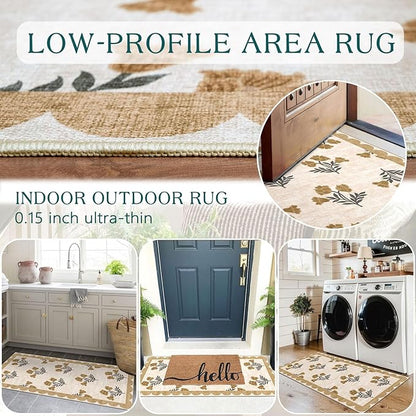 Front Door Mat Indoor Entrance - 2x4.3 Ft Floral Washable Layered Doormat Outdoor Entrance Spring Porch Rug Non-Slip Beige Boho Runner Rug for Kitchen Hallway Bedroom Laundry Room Porch Decor