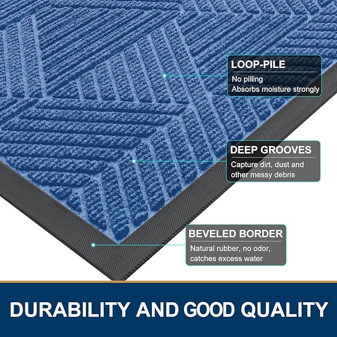Smiry Half Circle Front Door Mat Outside Entrance, Heavy Duty Sturdy Natural Rubber Doormat, Trap Dirt and Moisture, Low Profile Mats for Indoor Outdoor Entry, Irregular Triangle (35x23, Blue)
