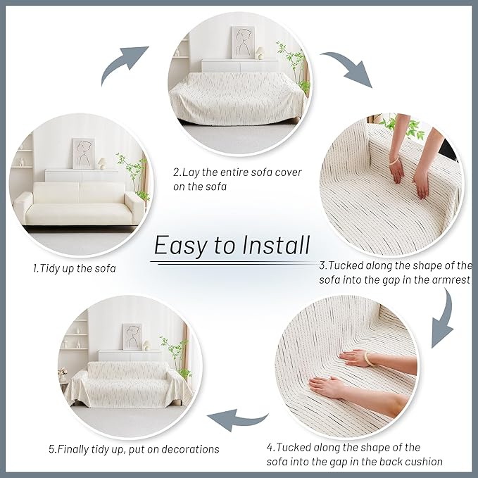 MYSKY HOME Couch Cover for Dogs, Sectional Couch Cover, Beige Lines Sofa Covers for Sectional Sofa L Shape Chenille Couch Protector for Dogs Pets Couch Covers Washable Soft Throw, 71"X134"