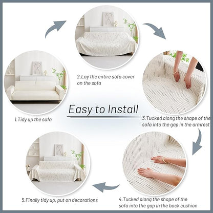 MYSKY HOME Couch Cover for Dogs, Sectional Couch Cover, Beige Lines Sofa Covers for Sectional Sofa L Shape Chenille Couch Protector for Dogs Pets Couch Covers Washable Soft Throw, 71"X134"