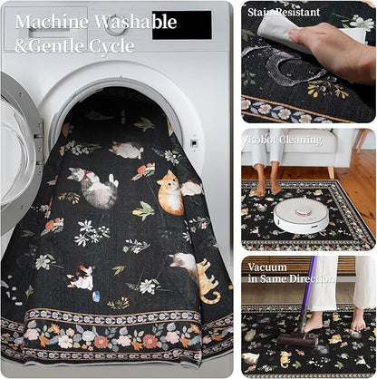 2x6 Washable Kitchen Runner Rug - Soft Low Pile Floral Animal Cat Print Rugs with Non-Slip Backing Waterproof Stain-Resistant Indoor Carpet for Hallway Entryway Bathroom Bedroom (Black)