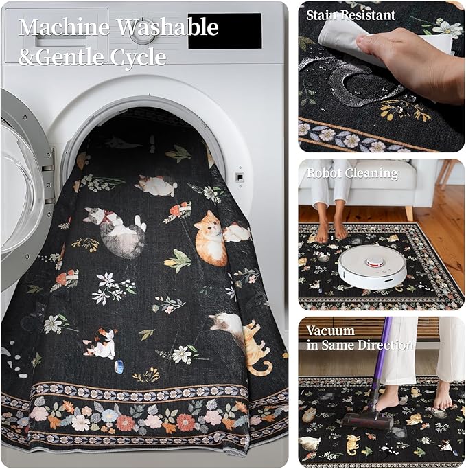 2x12 Washable Hallway Runner Rug - Soft Low Pile Floral Animal Cat Print Rugs with Non-Slip Backing Waterproof Stain-Resistant Indoor Carpet for Kitchen Entryway Bathroom Bedroom (Black)