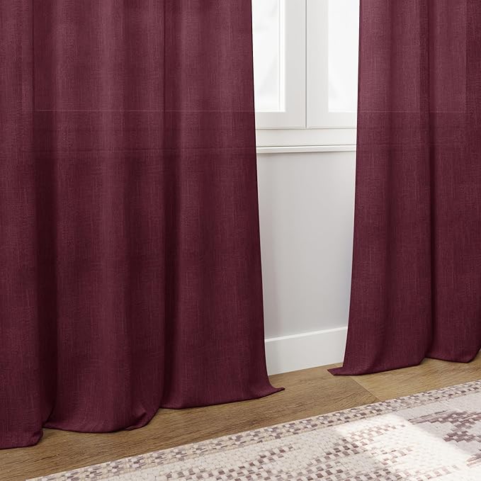 Nanspring Burgundy Linen Curtains Semi Sheer 96 Inches Long 2 Panels Set for Living Room Back Tab Rod Pocket Light Filtering Drape for Bedroom Modern Farmhouse Coastal Decor Protect Privacy 52x96