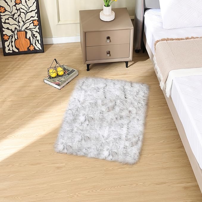 ORINOVA White and Grey Faux Fuzzy Fur Sheepskin Washable Area Rugs for Living Room 2x3 Boho Shag Nursery Rug Cute Home Décor