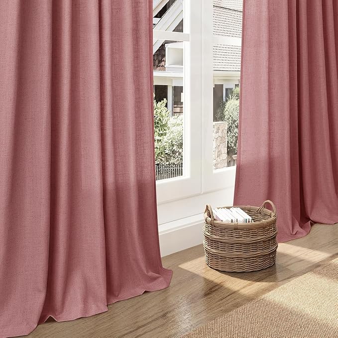 Canyon Rose Linen Curtains for Living Room 98 Inches Long Light Filtering Semi Sheer Curtain Back Tab Modern Farmhouse Decor Elegant Luxury Boho Girl Drapes for Bedroom Dinner Room 52x98, 2 Panels