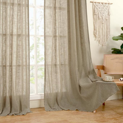 LAMIT Semi Sheer Linen Curtains 45 Inches Long, Light Filtering Panels Back Tab and Rod Pocket Country Decor Drapes for Farmhouse/Window/Bedroom, Taupe, 2 Panels, 52 x 45 Inch