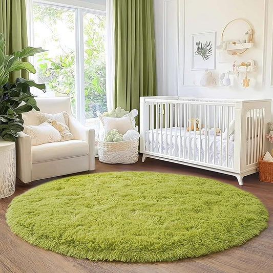 5'x5' Grass Green Round Rug for Bedroom, Ultra Soft Fluffy Circle Rug for Kids Girls Boys Room, Cute Shag Rugs for Living Room Playroom Tent Castle Home Decor Rug