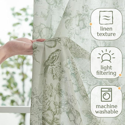 jinchan Linen Floral Curtains for Living Room 63 Inch Long Sage Green Printed Flower French Country Curtain Farmhouse Cottage Core Toile Curtains Back Tab Light Filtering Window Drapes Set 2 Panels