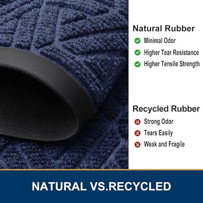 Smiry Front Door Mat Outside Entrance, Heavy Duty Sturdy Natural Rubber Doormat, Trap Dirt and Moisture, Easy Clean Low Profile Mats for Indoor Outdoor Entry, Grid Geometric (59x23, Navy Blue)