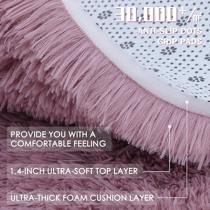 OLANLY Blush Round Rugs for Bedroom - Machine Washable, 9 ft Circle Area Rugs for Living Room, Soft and Fluffy Shaggy Carpet for Teen Girls and Boys, Nursery Rooms, Dorms, Home Decor Aesthetic