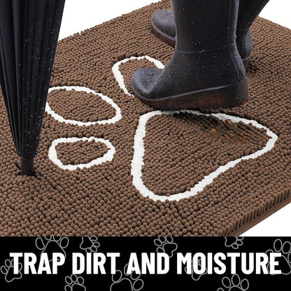 Smiry Dog Door Mat for Muddy Paws, Absorbent Dirt Trapper Non Slip Quick Dry Washable Chenille Mat for Mud Dogs, Entry Rug for Indoor and Outdoor (48x30 Inches, Coffee and White)