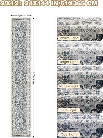 Hallway Runner Rug 2x12, Extra Long Washable Runner Rugs with Rubber Backing, Non Slip Runner, Vintage Rug Runners for Kitchen Laundry Room Entryway (Blue/Beige,2'x12')