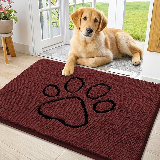 Smiry Dog Door Mat for Muddy Paws, Absorbent Dirt Trapper Non Slip Quick Dry Washable Chenille Mat for Mud Dogs, Entry Rug for Indoor and Outdoor (36x24 Inches, Caramel Russet and Black