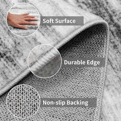 2x10 Washable Runner Rugs for Hallway: Easy-to-Clean Abstract Runners for Entryway Kitchen Dining Room- Stain and Water Resistant Rugs with Non-Slip Backing - Soft Low-Pile Carpet Grey
