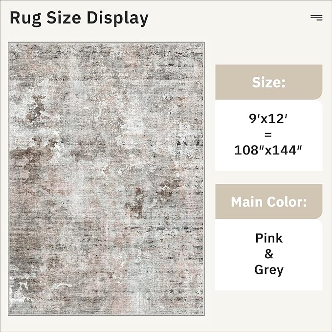 Soalmost 9x12 Area Rugs for Living Room, Non Slip Machine Washable Vintage Rugs, Low Pile Lightweight Large Rug for Bedroom, Dining Room, Home Office Grey Pink
