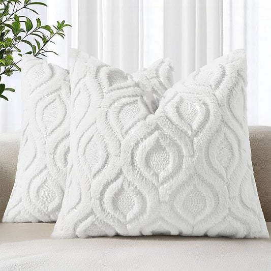 decorUhome Throw Pillow Covers 16x16 Inch Set of 2, Soft Plush Faux Wool White Solid Couch Pillow Covers, Accent Farmhouse Neutral Square Pillow Cases for Sofa Bed Living Room