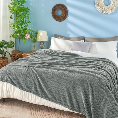 inhand Grey Fleece Queen Blanket for Bed, Super Soft Flannel Cozy Blankets for Adults, Lightweight Leaves Pattern Fuzzy Blanket for Office,Travel, Warm Plush Blankets for All Season, 90x90 Inches
