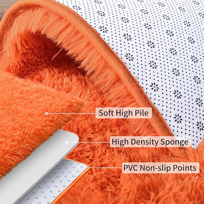 Soft Runner Rugs for Bedroom Hallways, 2x3 Orange Fluffy Shag Throw Area Rug Non Slip for Bedside Dorm, Long Shaggy Furry Carpet for Nursery Living Room