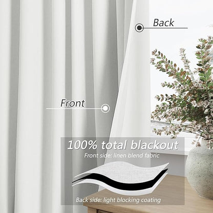 Guken White 100% Blackout Linen Curtains 52 Inch Wide by 66 Inch for Living Room Bedroom Back Tab Thermal Insulated Black Out Linen 2 Drapes Room Darkening Window Curtains