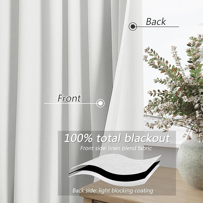 Guken 100% Blackout Linen Curtains 112 Inch Wide by 52 Inch 2 Panels Set for Living Room Bedroom Back Tab Thermal Insulated Black Out Linen Drapes Room Darkening Window Curtains