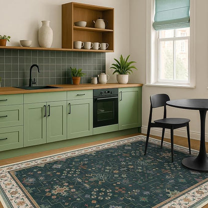 Hazo Haus Vintage Dark Green 6x9 Dining Room Rugs for Under Kitchen Table - Washable Livinig Room Rug - Unique Floral Pastel Low Pile Non-Slip Large Area Rugs for Bedroom