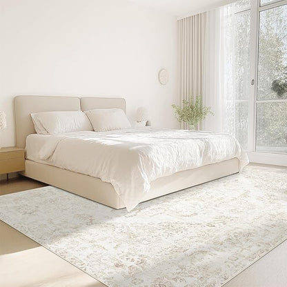 6x9 Area Rugs for Living Room: Washable Rug Vintage Large Rugs Soft Non Slip Low Pile Rug Floral Distressed Floor Carpet for Bedroom Kitchen Nursery Dining Room Home Office (Beige, 6'x9')