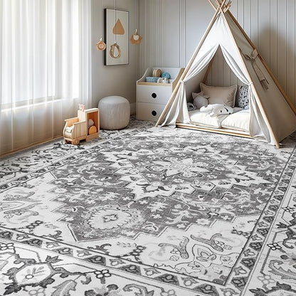 Lofus 9x12 Area Rugs for Living Room, Washable Area Rug, Rugs for Bedroom, Kitchen Rug, Vintage Boho Carpet, Soft Non-Slip, Low Pile Large Area Rug for Office Dining Room, Floral Grey