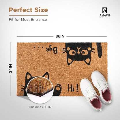 Hi-Bye Cat - 24"x36" - Coir Door Mat with Heavy Duty Backing - Welcome Mats for Entryway, Porch - Anti-Slip PVC & Coconut Fiber Surface - Natural Home Accessories, Minimalist Original Design