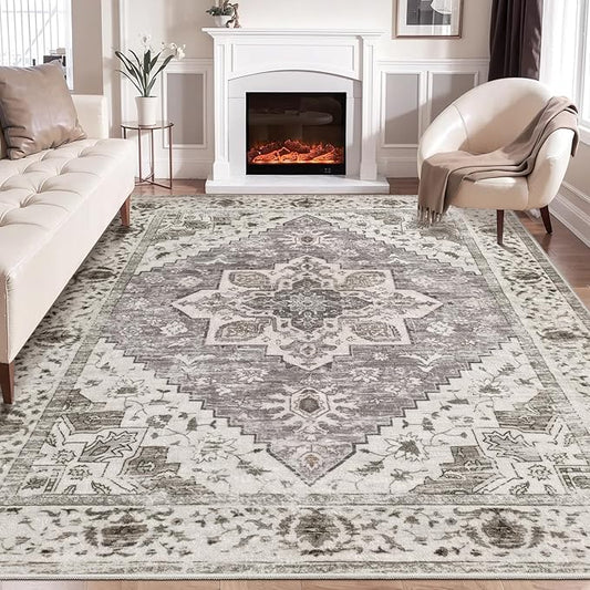 SERISSA Boho 8x10 Area Rugs, Washable Vintage Large Living Room Rug Non-Slip, Ultra Soft Oriental Print Distressed Farmhouse Earth Tone Carpet for Dining Room Bedroom Dorm Office Home Decor