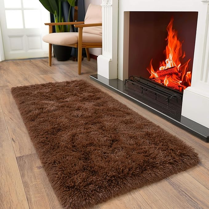 Soft Runner Rugs for Bedroom Hallways, 2x4 Brown Fluffy Shag Throw Area Rug Non Slip for Bedside Dorm, Long Shaggy Furry Carpet for Nursery Living Room
