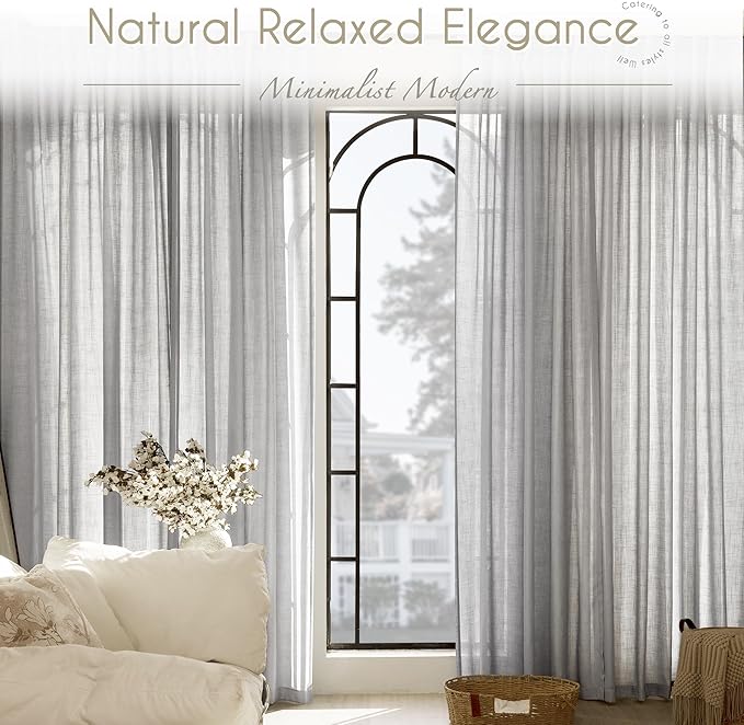 Linen Blend Grey Curtains for Living Room Back Tab Modern Farmhouse Semi Sheer Light Gray Curtains 108 inches Long 2 Panels Set Muted Neutral Cotton Texture Window Curtain for Dining Room Bedroom
