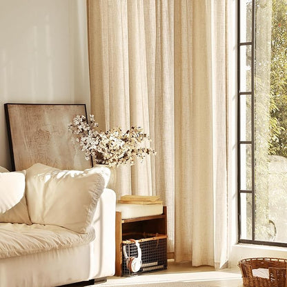 Tan Linen Curtains 90 inches Long for Living Room Back Tab Rustic Farmhouse Semi Sheer Light Filtering Window Curtain Dining Room Soft Thick Flax Linen Textured Drapes Kahki 52x90