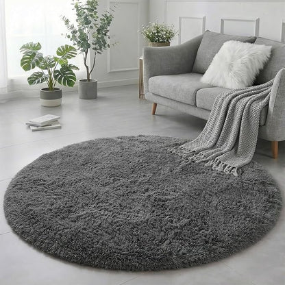 Amdrebio Grey Round Rugs 6Ft for Bedroom Living Room Decor, Fluffy Shaggy Circle Area Rug for Kids Room Classroom Playroom, Large Furry Floor Circular Gray Carpet for Teen Girls Boys Nursery Dorm