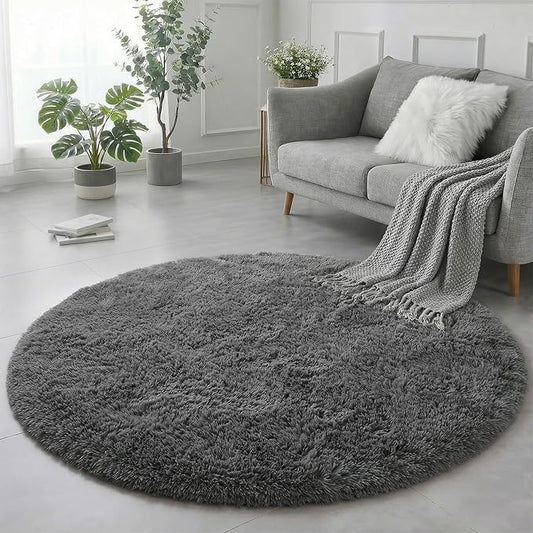 Amdrebio Grey Round Rugs 6Ft for Bedroom Living Room Decor, Fluffy Shaggy Circle Area Rug for Kids Room Classroom Playroom, Large Furry Floor Circular Gray Carpet for Teen Girls Boys Nursery Dorm