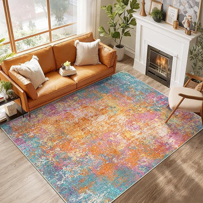 Washable Area Rugs 6'x9' Non-Slip Modern Abstract Soft for Living Room Entryway Bedroom Nursery, Print Pattern, Orange Blue Pink Yellow Colorful