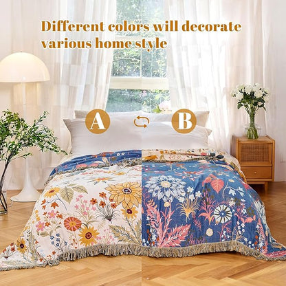MSGKV Boho Throw Blanket for Couch Chair 100% Cotton Floral Blanket 50"x60" Sofa Blankets Lightweight Farmhouse Muslin Spring Breathable Bed Blankets Home Decor All Seasons